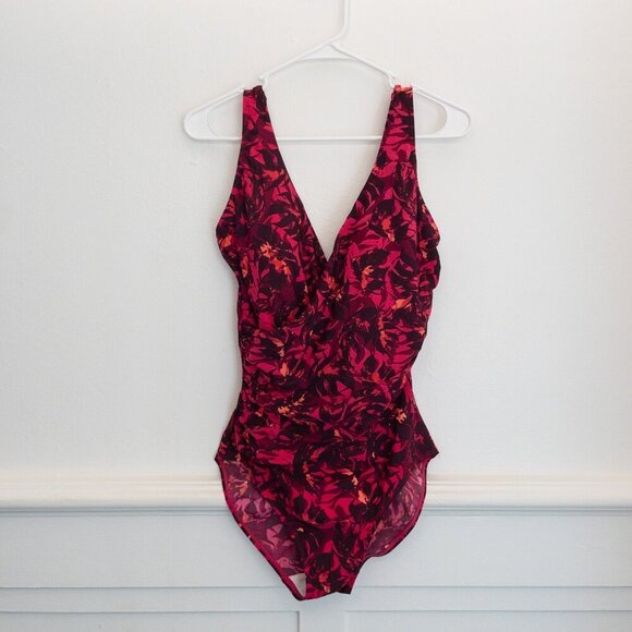 L.L. Bean Women's One Piece Swimsuit Size 12 Reg Red Pink Floral Print - Picture 1 of 3
